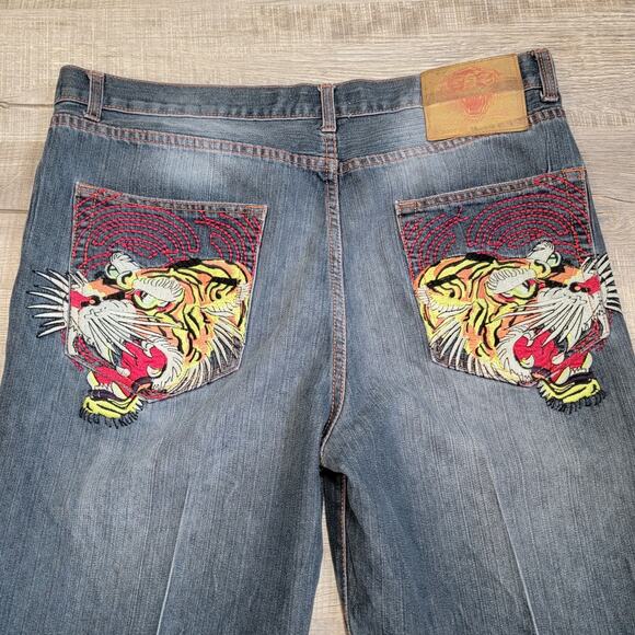 Ed Hardy Christian Audigier VTG 2007 Tiger Embroidered Baggy Jean Size 38x32 Y2K - Picture 1 of 16